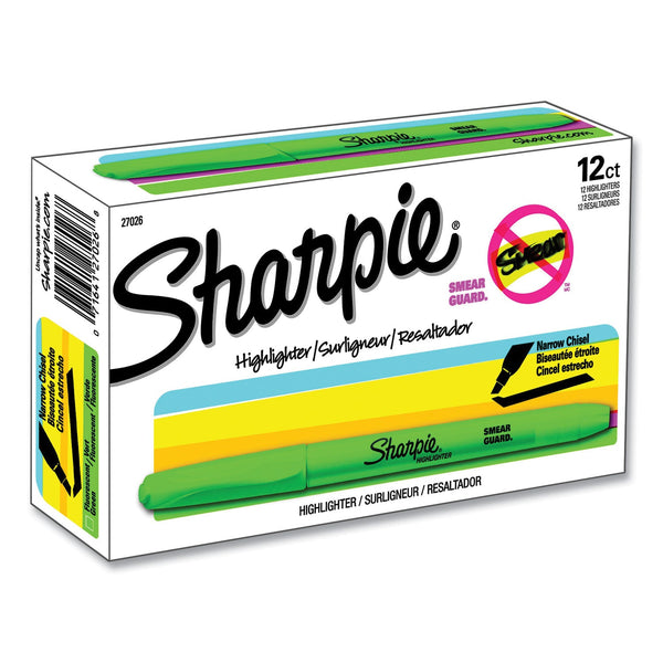 Sharpie® Pocket Style Highlighters, Fluorescent Green Ink, Chisel Tip, Green Barrel, Dozen