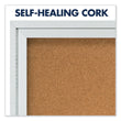 Enclosed Indoor Cork Bulletin Board with Two Hinged Doors, 48 x 36, Tan Surface, Silver Aluminum Frame