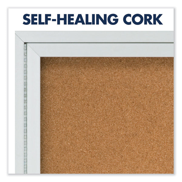 Enclosed Indoor Cork Bulletin Board with Two Hinged Doors, 48 x 36, Tan Surface, Silver Aluminum Frame
